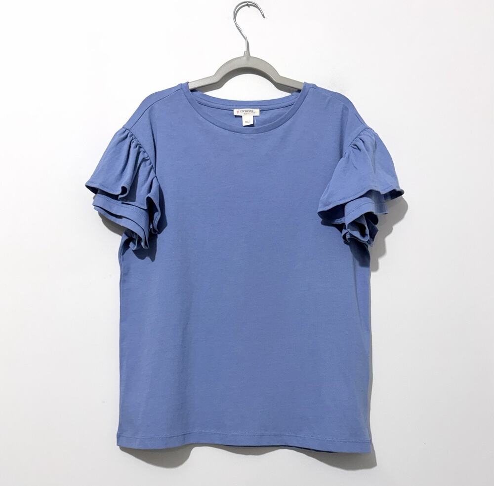 Crewcuts Girls Ruffle Top Shirt XL Cotton Blue Short Sleeve Crew Neck NWT